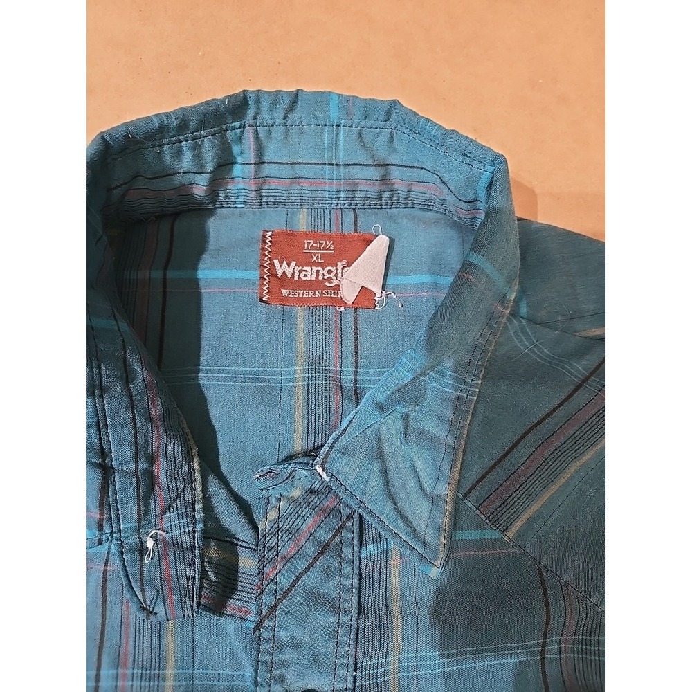 Wrangler Western Shirt Teal Plaid Long Sleeve Pearl Snap Cowboy Rancher XL - Picture 3 of 9
